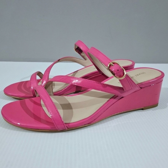 NEW Stuart Weitzman Align II Buckle Wedge Sandal Pink Patent Leather Womens Sz 7 - Picture 1 of 12